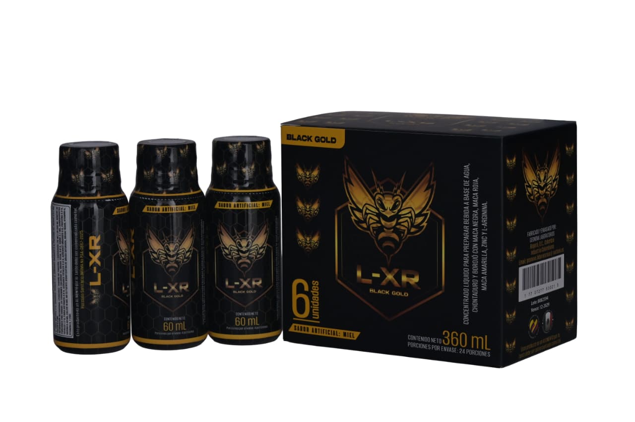 BEBIDA COLOMBIANA ELIXIR L-XR BLACK GOLD PAQUETE CON 6 BOTELLAS DE 60ML