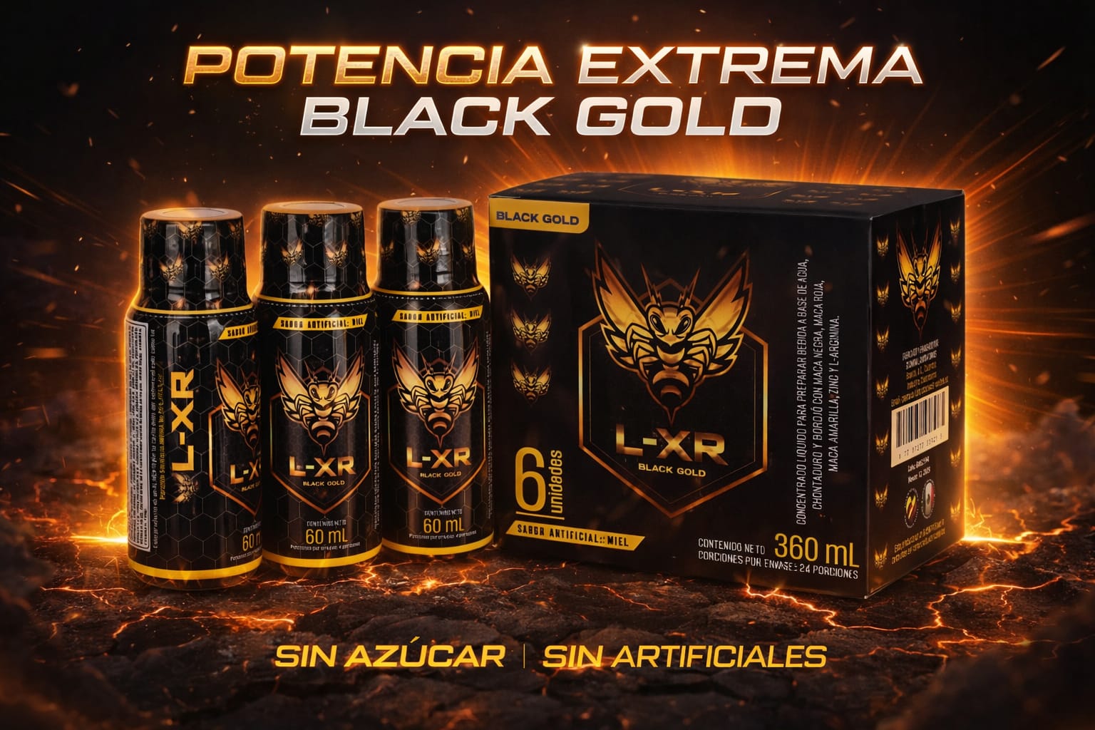 BEBIDA COLOMBIANA ELIXIR L-XR BLACK GOLD PAQUETE CON 6 BOTELLAS DE 60ML