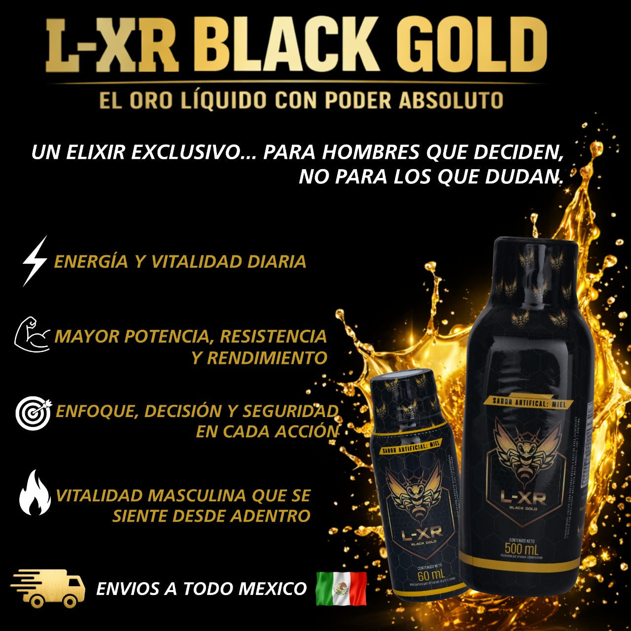 BEBIDA COLOMBIANA ELIXIR L-XR BLACK GOLD PAQUETE CON 6 BOTELLAS DE 60ML